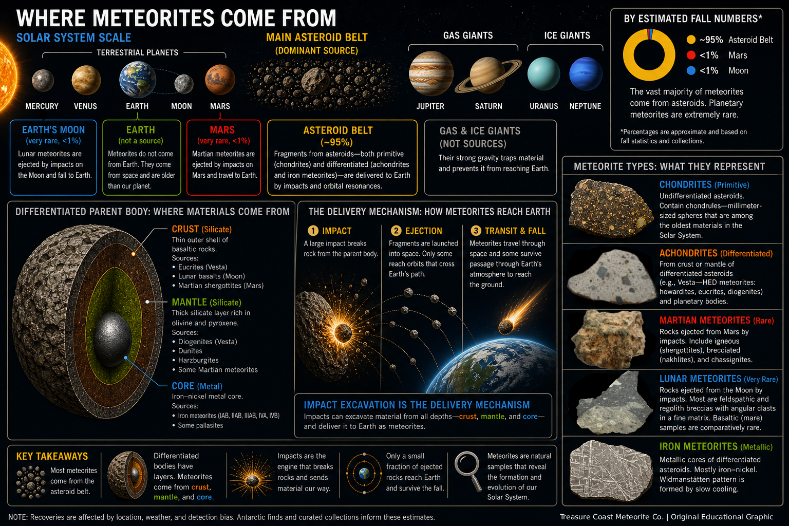 Infographic of meteorite origins showing the asteroid belt as the source of approximately 95% of meteorites, with lunar and Martian specimens each less than 1%, alongside differentiated parent body structure and the impact-to-Earth delivery mechanism