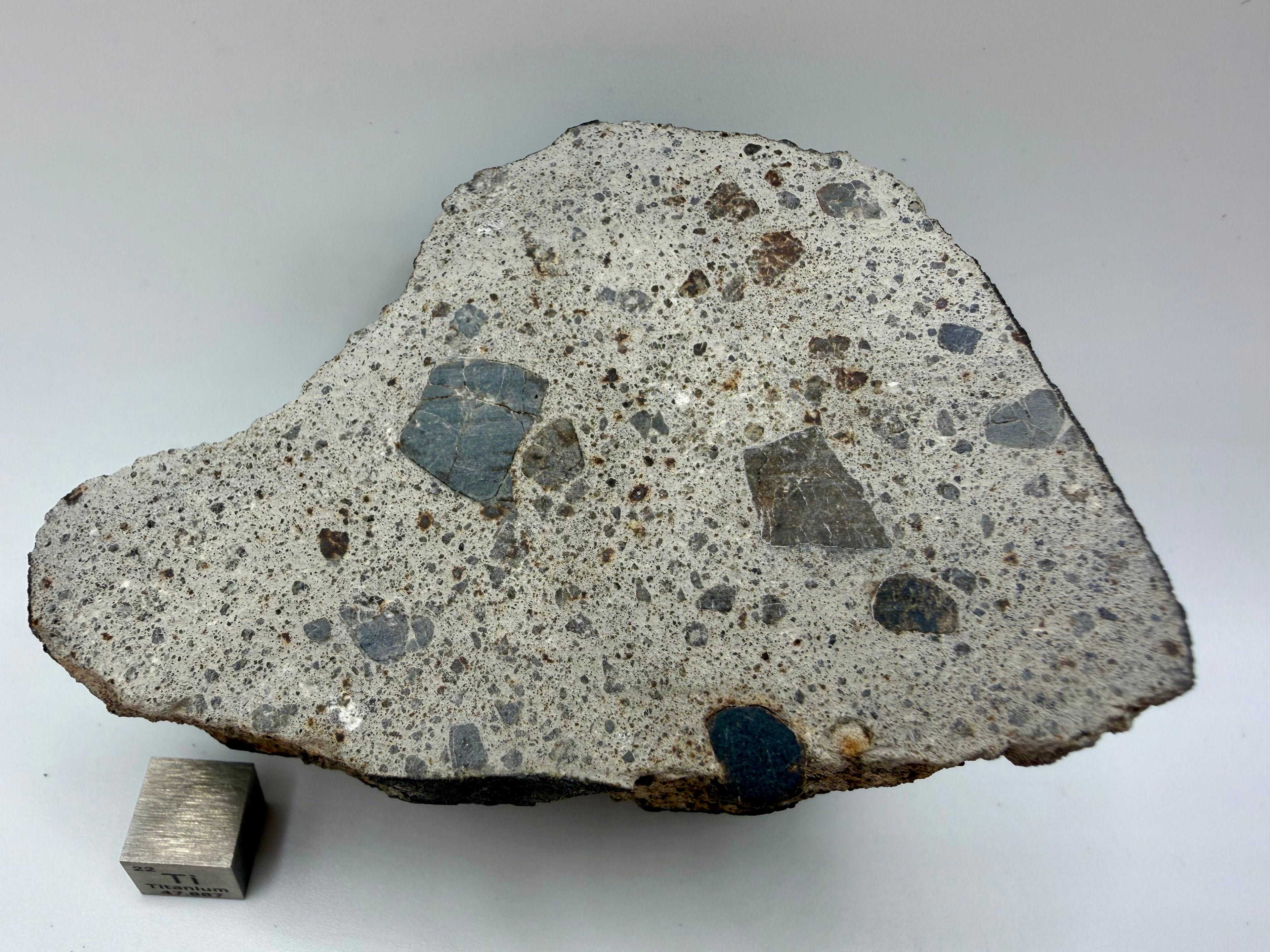 NWA 17708 howardite meteorite slice showing mixed eucrite and diogenite clasts (HED achondrite from asteroid Vesta)
