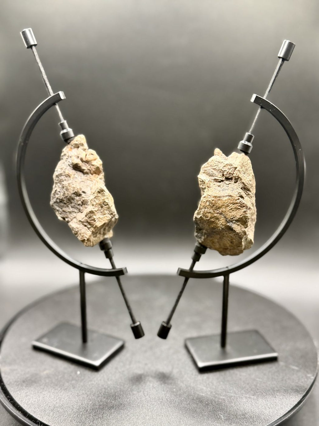 NEA 089 lunar meteorite, both halves on display stands showing the exterior surfaces