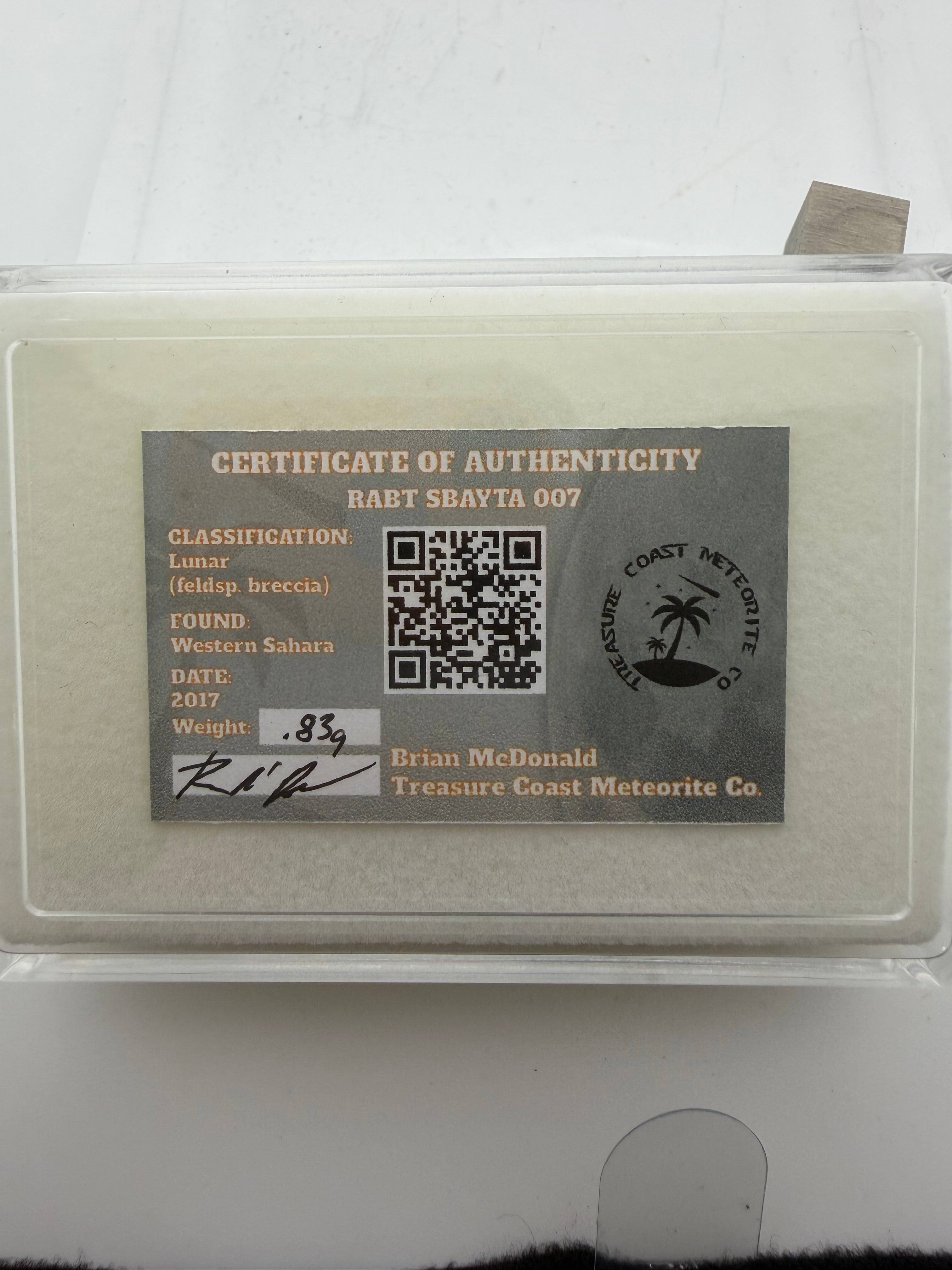Rabt Sbayta 007  Lunar Meteorite - Feldspathic Breccia Moon Rock Full Slice 0.83g w/COA & Display Box