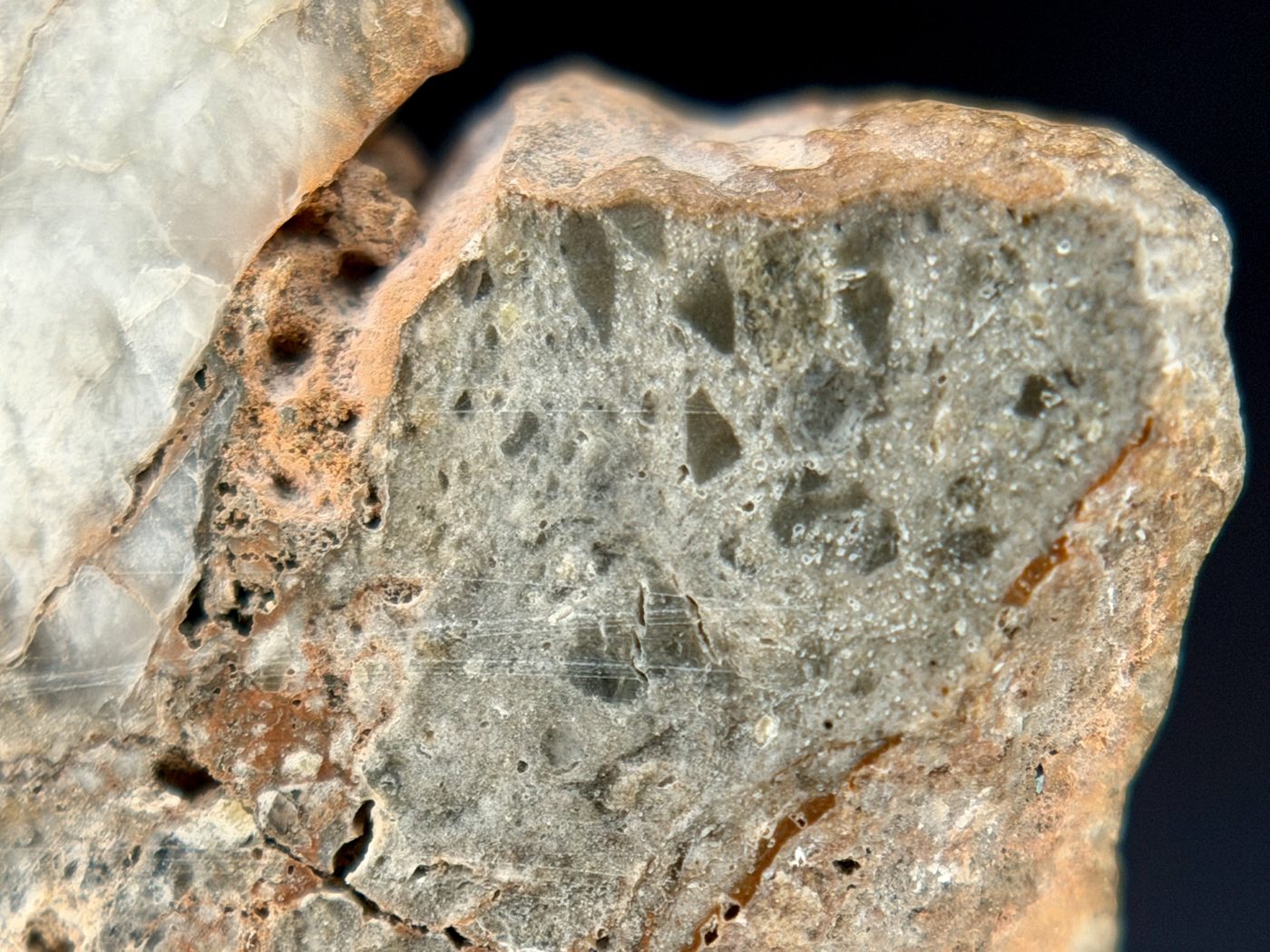 Pale clast with caliche rim and surrounding clast field, NEA 089 lunar meteorite