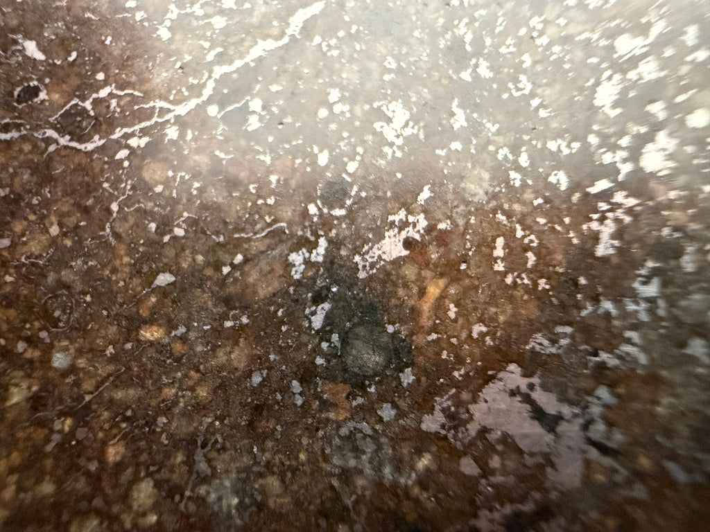 NWA 15468 OC4 slice 42.09g -- textural variation showing complete melting zones adjacent to relict chondritic fragments