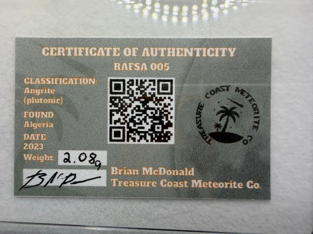 Certificate of Authenticity for a meteorite with a QR code and branding details.