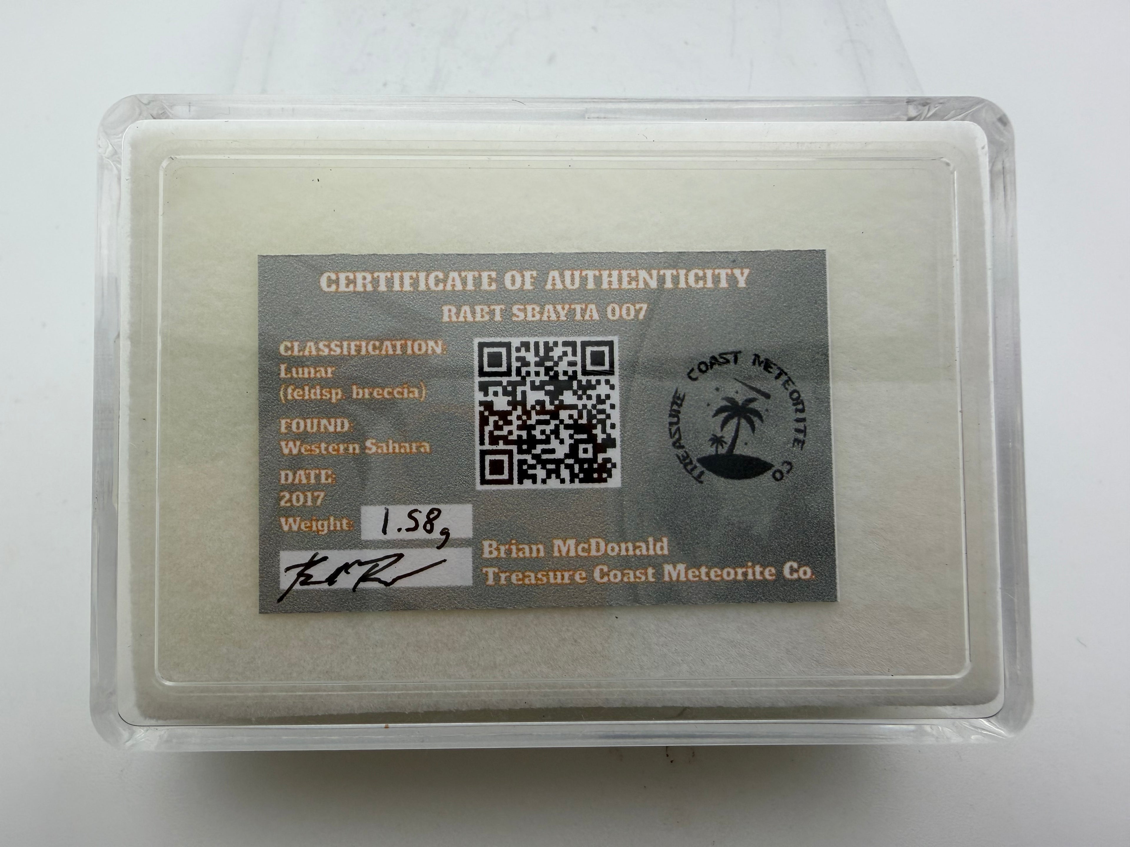 Certificate of Authenticity for a lunar sample with a QR code and text on a white background