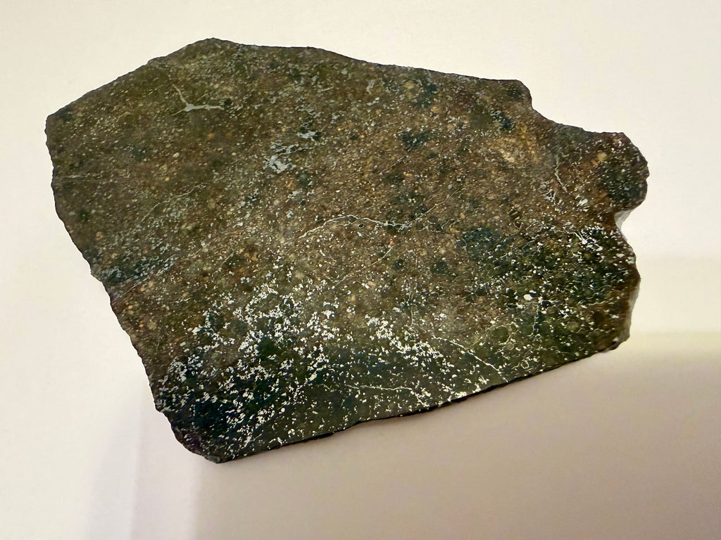 NWA 15468 chondrite slice 42.09g -- full face view displaying mosaic of impact-processed zones and surviving chondritic domai
