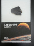 Meteorite sample on a display card with 'RAFSA 005 Algeria' text
