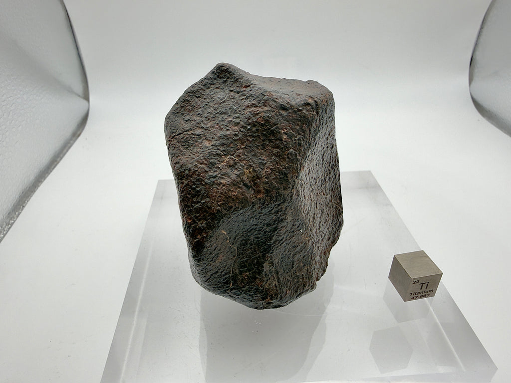 NWA XXX chondrite 313.16g -- complete specimen profile showing oriented fusion crust distribution