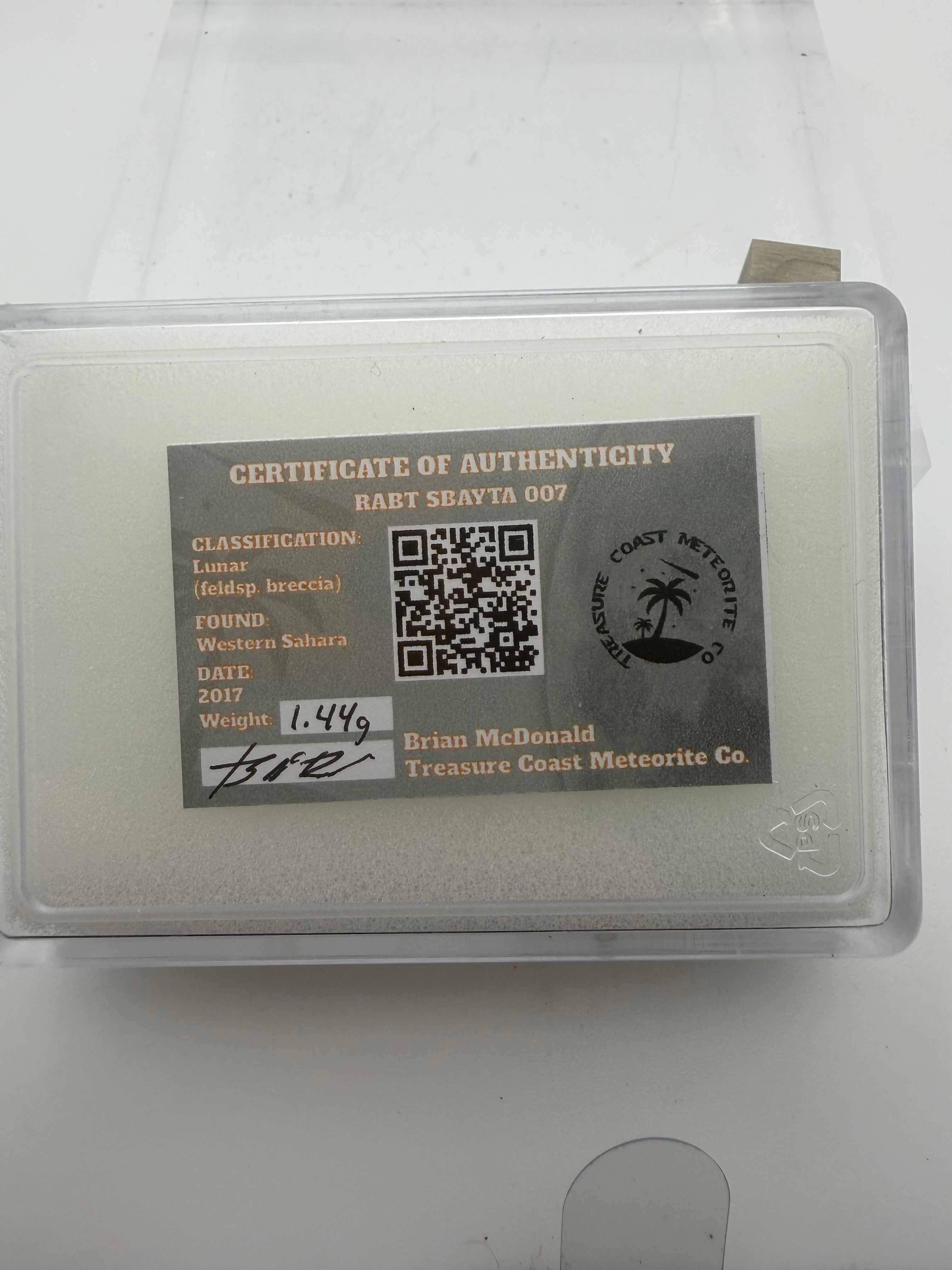 Rabt Sbayta 007  Lunar Meteorite - Feldspathic Breccia Moon Rock Full Slice 1.44g w/COA & Display Box