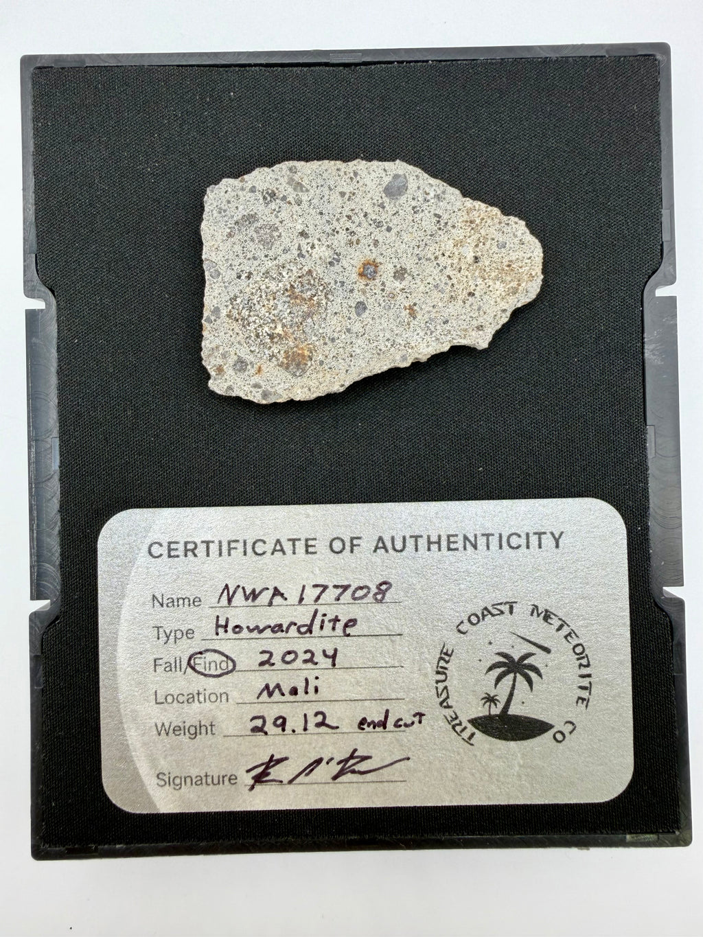 NWA 17708 howardite end cut 29.12g -- HED achondrite from asteroid 4 Vesta with fusion crust, Treasure Coast Meteorite Co.