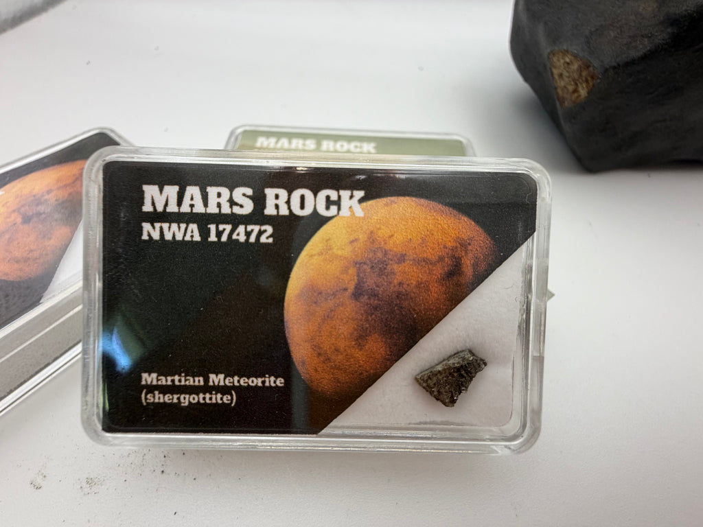 NWA 17472 fragment 0.10g in display case -- authenticated Mars material with certificate and specimen ID card