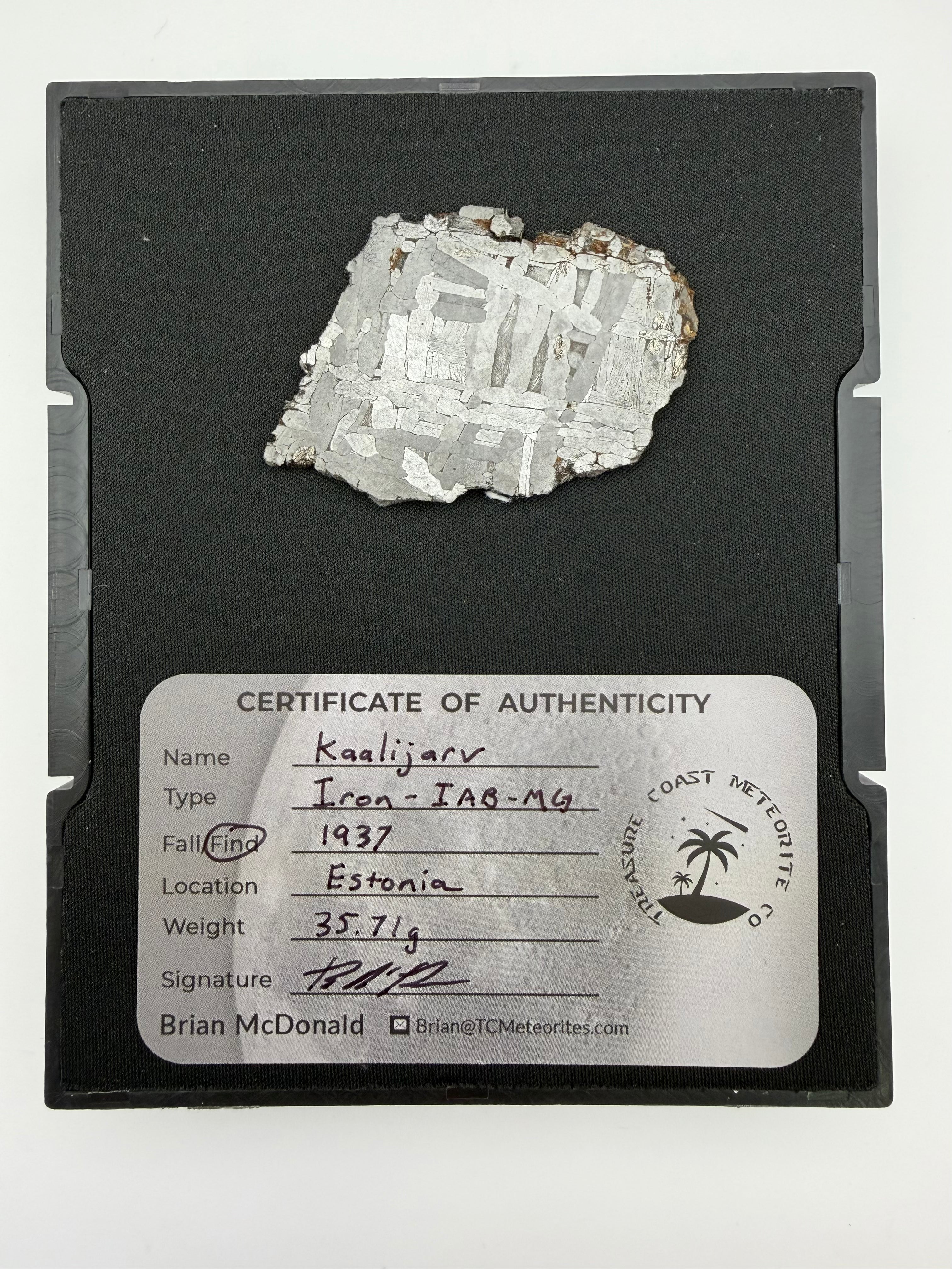 Kaalijarv Iron Meteorite Full Slice IAB-MG Etched w/ COA & Gembox Display Case, 35.71g