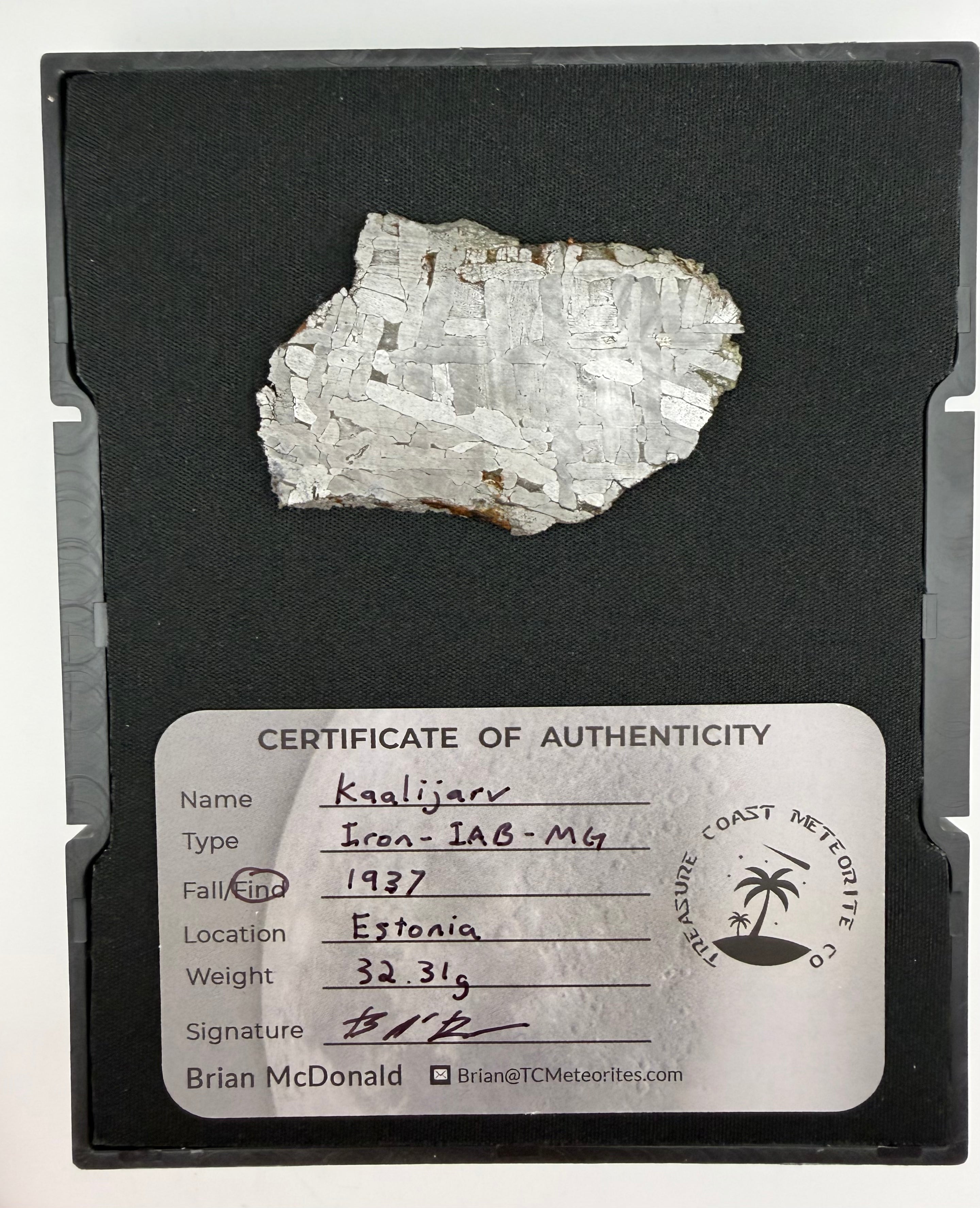 Kaalijarv Iron Meteorite Full Slice IAB-MG Etched w/ COA & Gembox Display Case, 32.31g