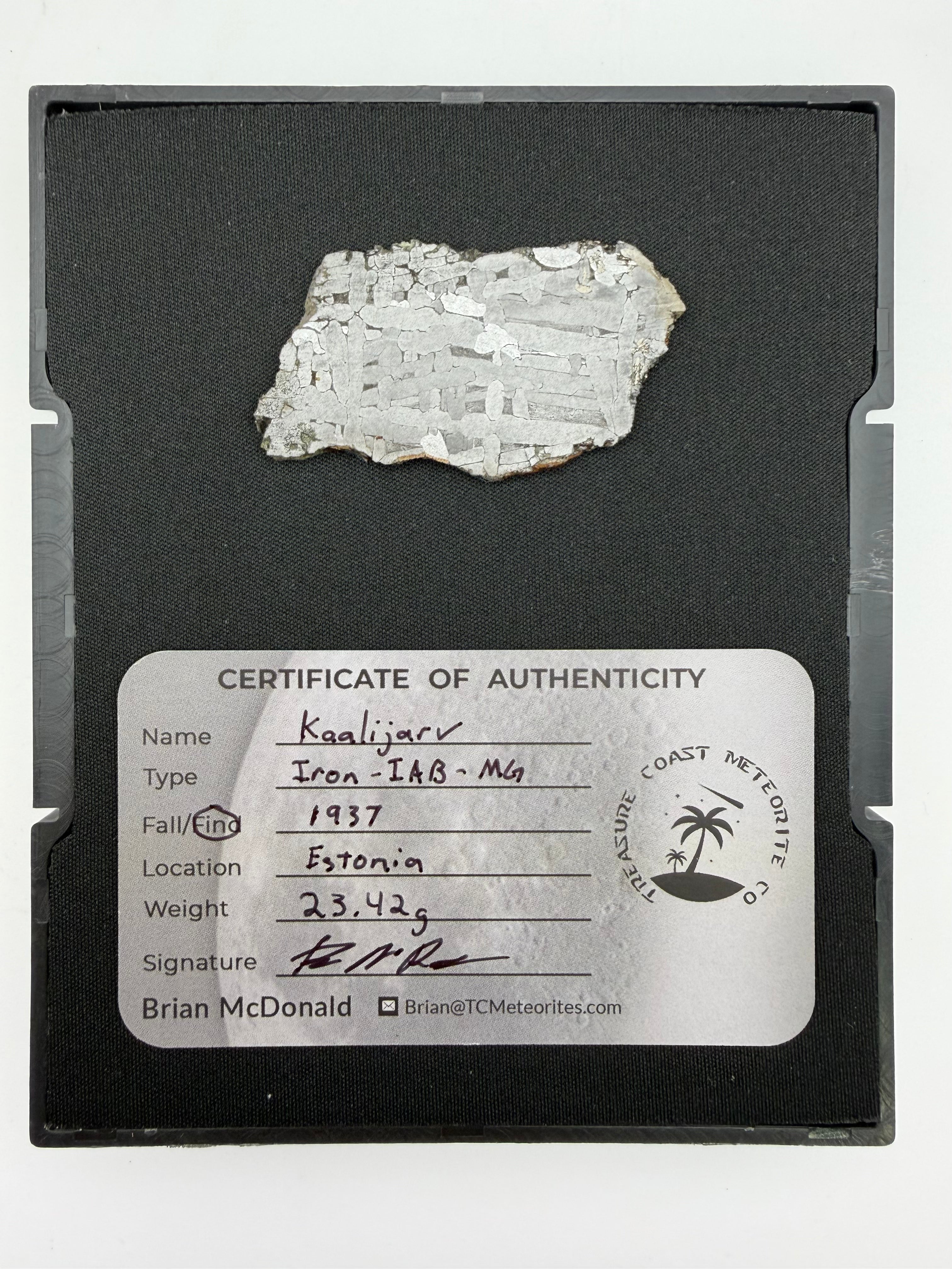 Kaalijarv Iron Meteorite Full Slice IAB-MG Etched w/ COA & Gembox Display Case, 23.42g