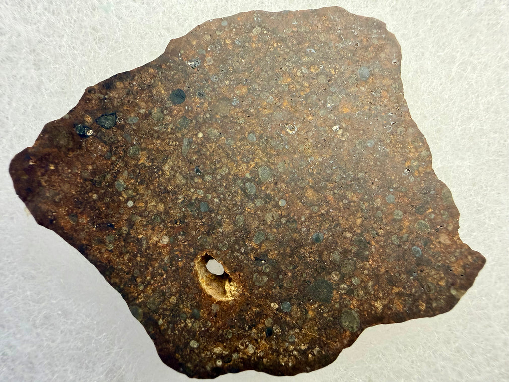 NWA 17496 chondrite 17.40g -- polished surface showing spherical chondrules and metal grains in fine matrix