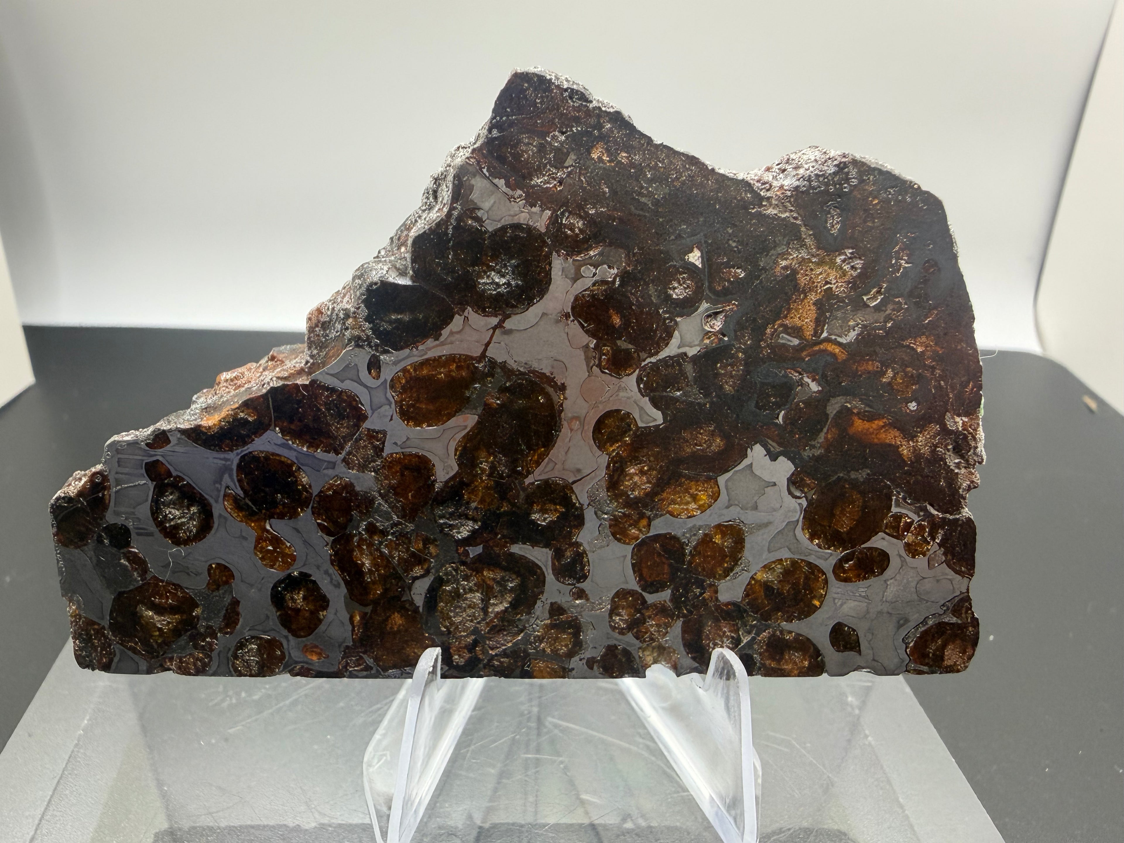 Sericho pallasite 92.48g -- differential etching revealing metal phase boundaries and olivine grain distribution in part slic