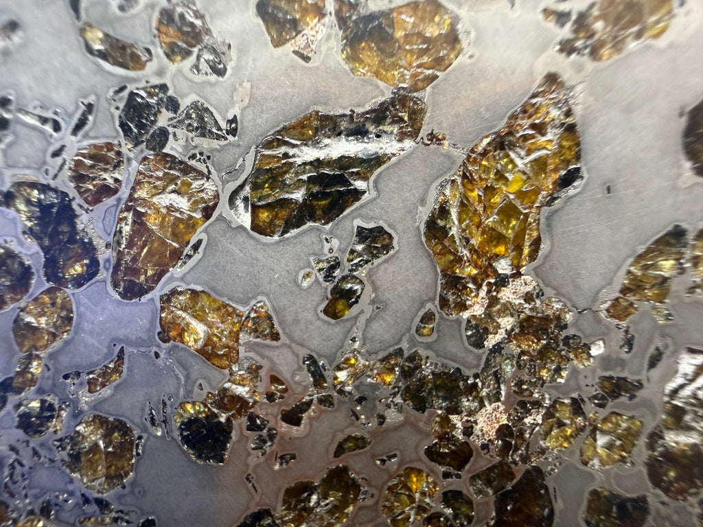 Gyarub Zangbo pallasite 94.90g -- etched nickel-iron matrix texture surrounding translucent olivine grains
