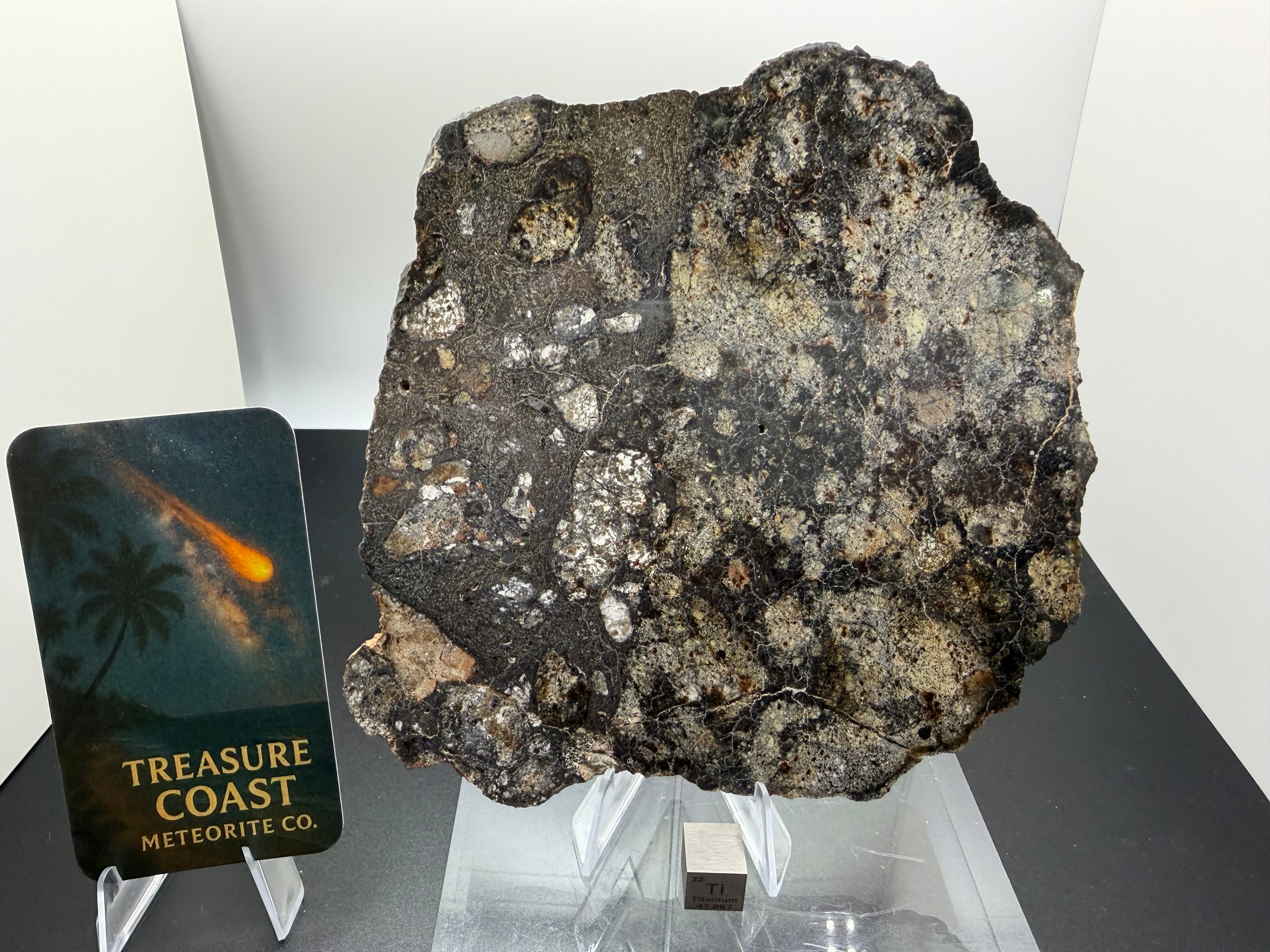 Meteorite on display with a card labeled 'Treasure Coast Meteorite Co.'