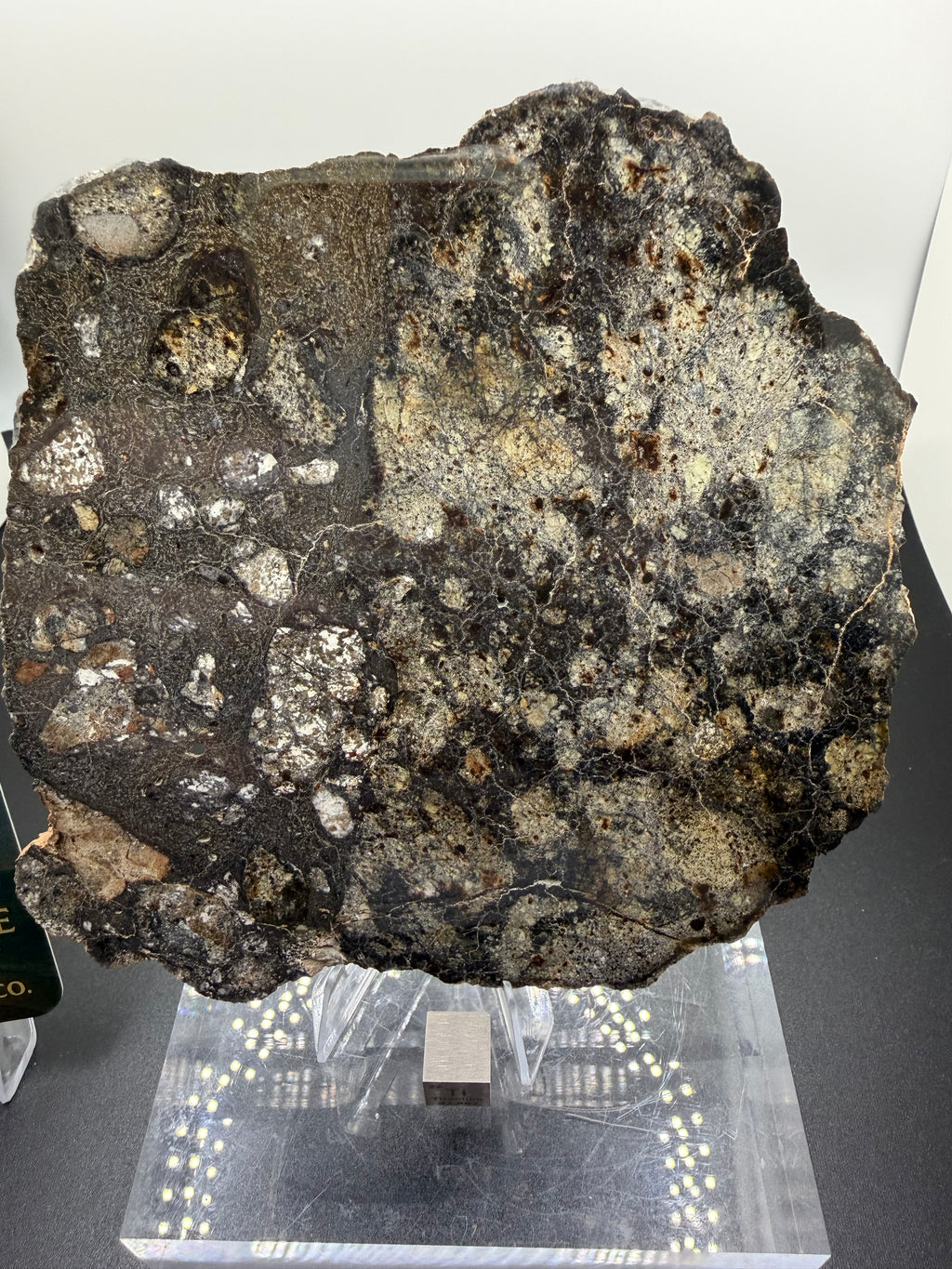 Large Eucrite meteorite sample on a stand with a white background