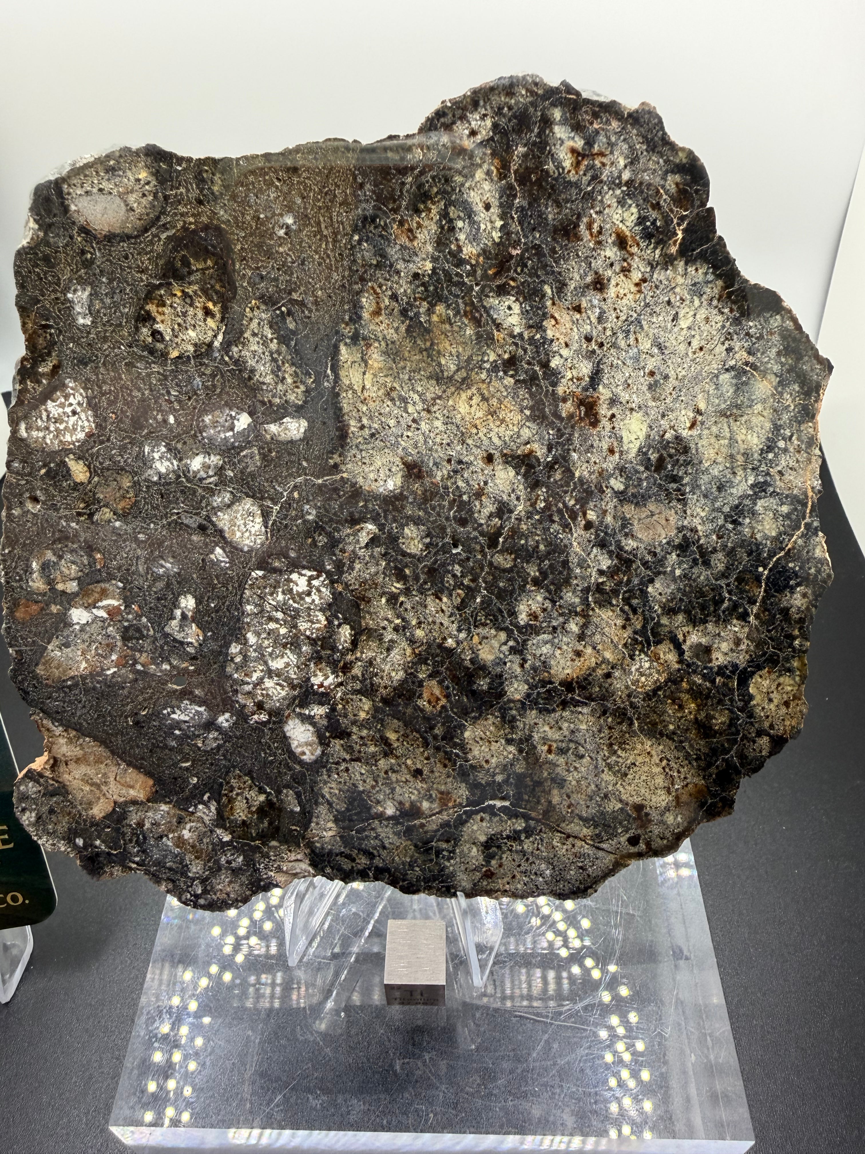 Large Eucrite meteorite sample on a stand with a white background