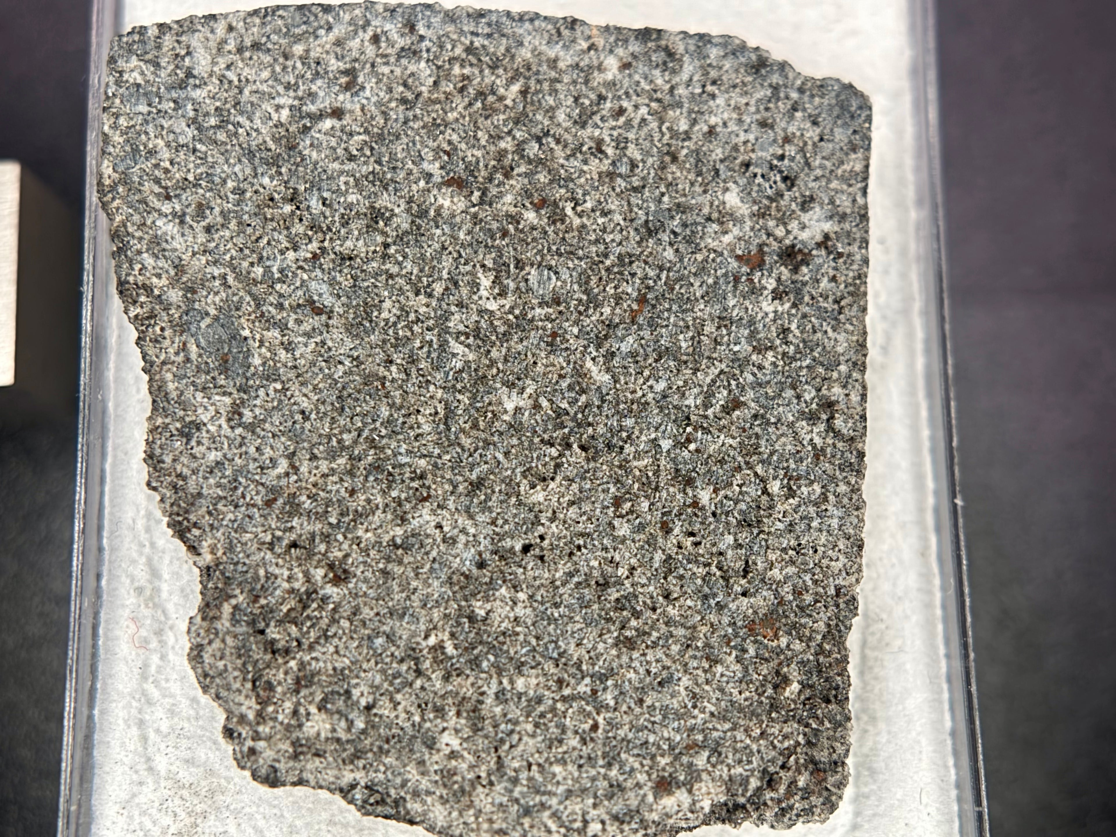 Ksar Ghilane 022 achondrite end cut 9.07g -- equant augite grain boundaries visible in polished interior