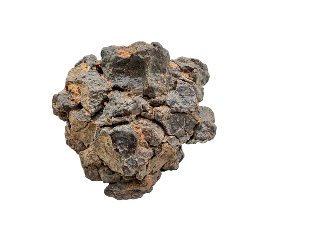 Front view of NWA 18592 Mesosiderite Meteorite on white background showing complete individual stony-iron specimen with remnant fusion crust, 161g