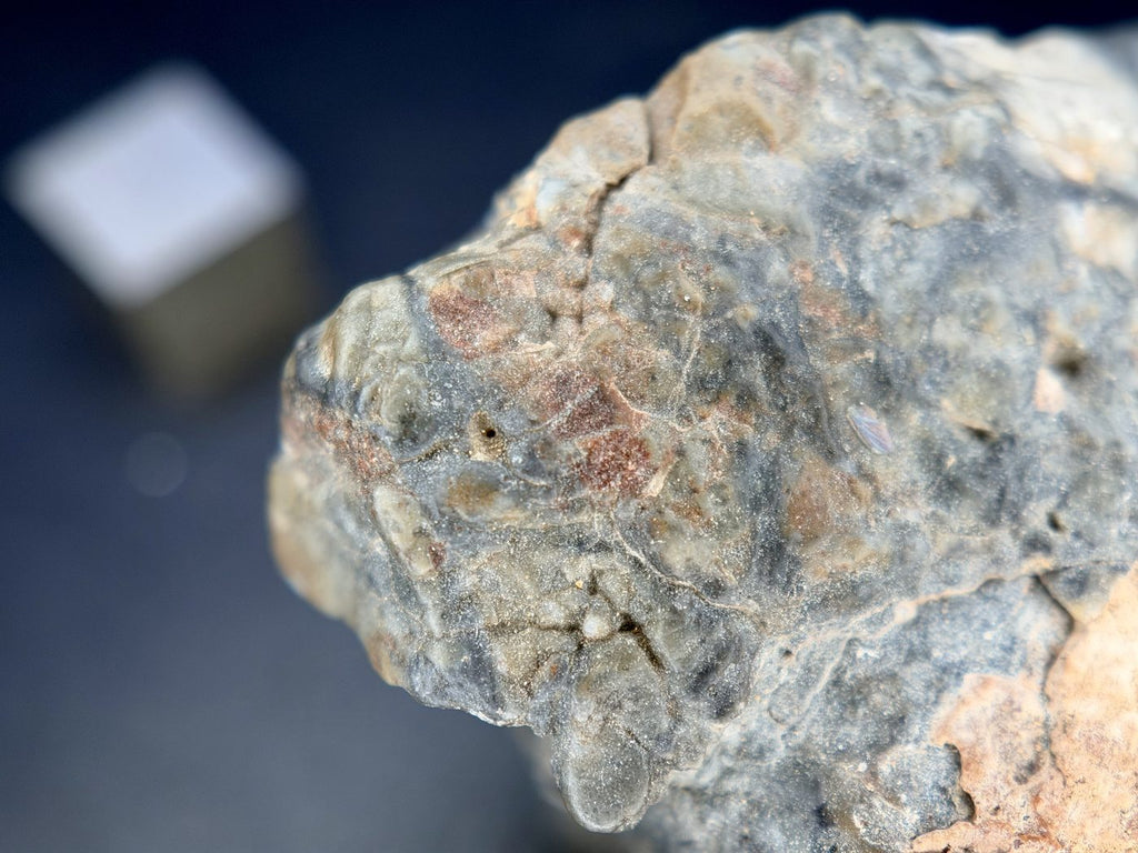 Macro detail along the edge of the Adrar 013 stone with a scale cube behind