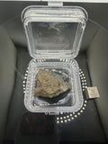 Adrar 013 lunar melt breccia meteorite 14.76g complete individual in display case with titanium element cube for scale, anorthositic norite gabbro composition from the Moon
