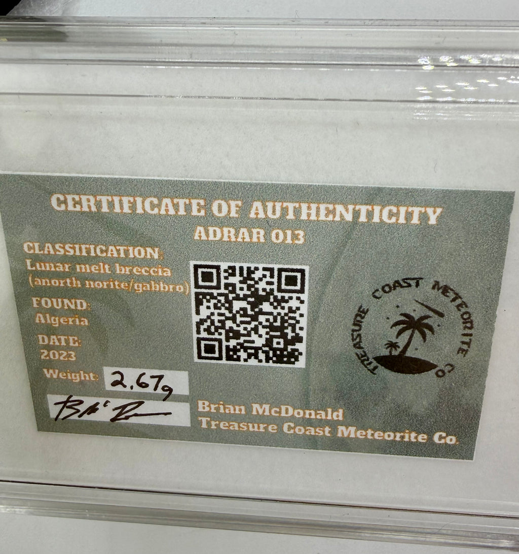 Treasure Coast Meteorite Co. Certificate of Authenticity for Adrar 013 lunar meteorite 2.67g