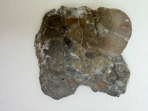 Adrar 013 lunar meteorite 2.67g slice, polished face showing anorthositic clasts and darker mafic fragments in impact melt matrix