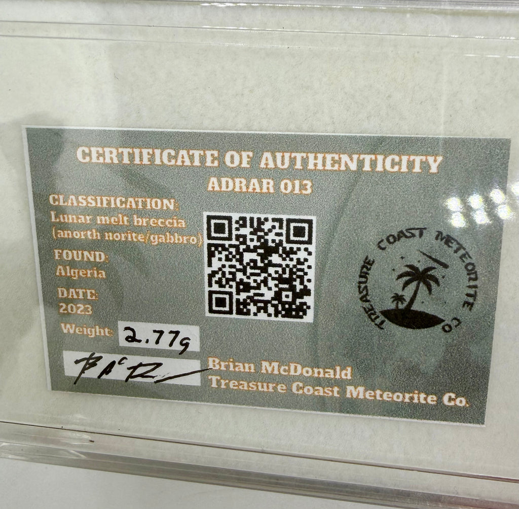 Treasure Coast Meteorite Co. Certificate of Authenticity for Adrar 013 lunar meteorite 2.77g