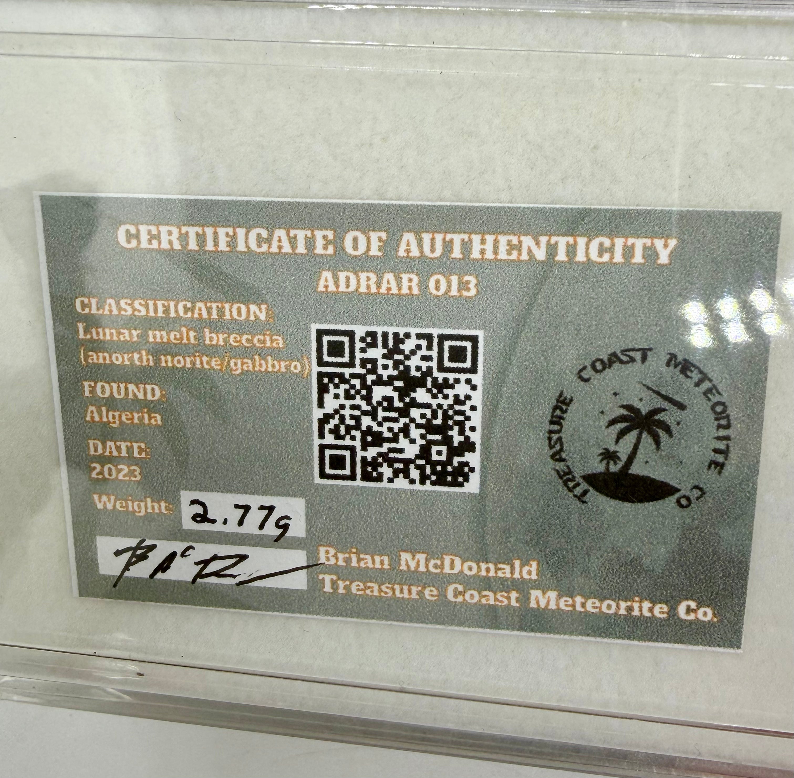 Treasure Coast Meteorite Co. Certificate of Authenticity for Adrar 013 lunar meteorite 2.77g