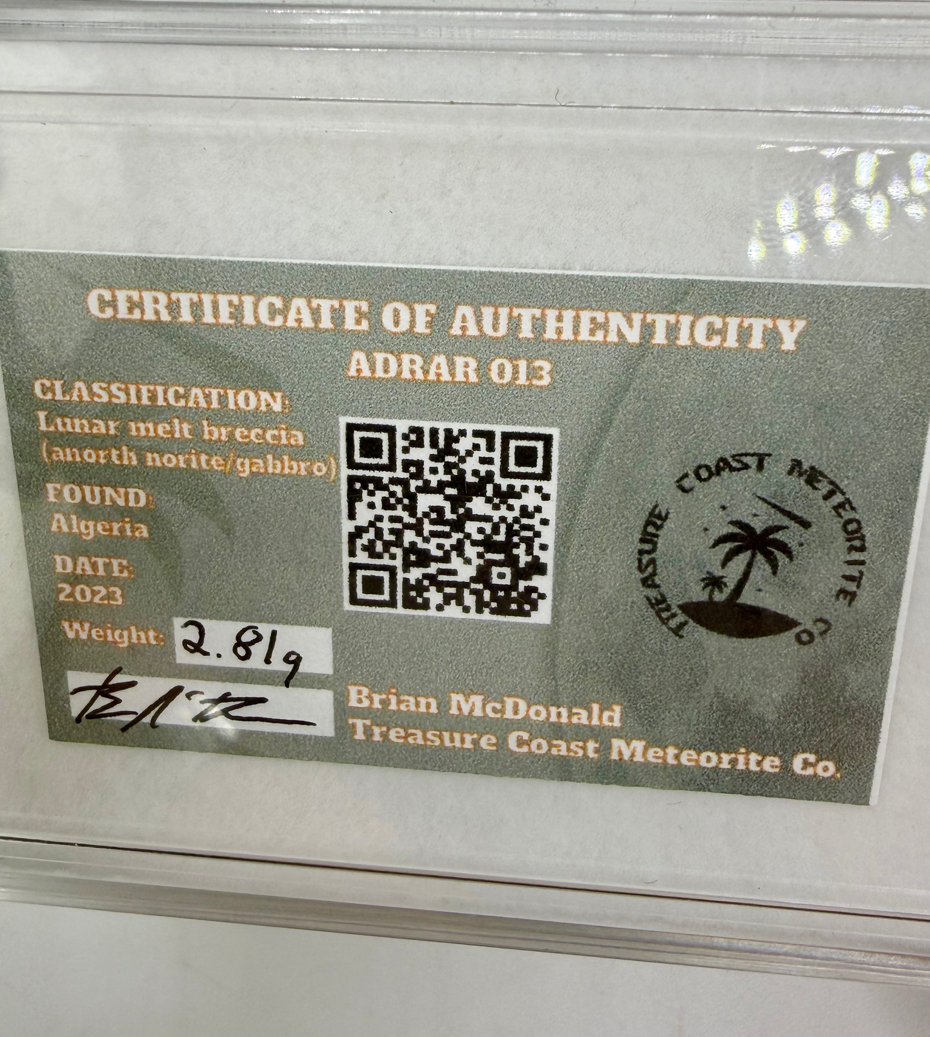 Treasure Coast Meteorite Co. Certificate of Authenticity for Adrar 013 lunar meteorite 2.81g