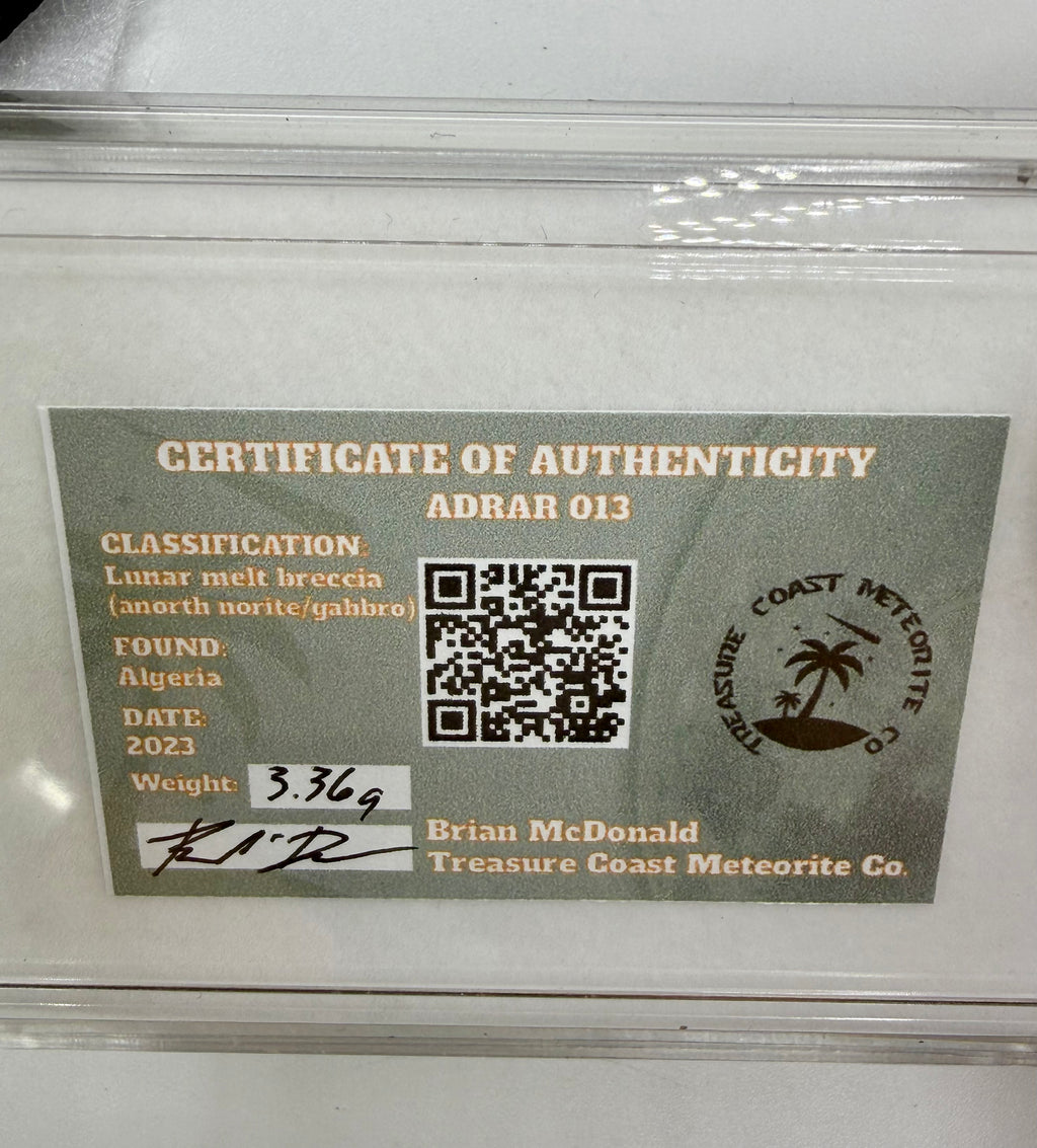 Treasure Coast Meteorite Co. Certificate of Authenticity for Adrar 013 lunar meteorite 3.36g