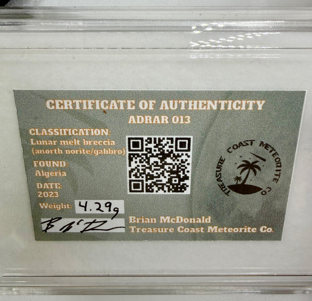 Treasure Coast Meteorite Co. Certificate of Authenticity for Adrar 013 lunar meteorite 4.29g