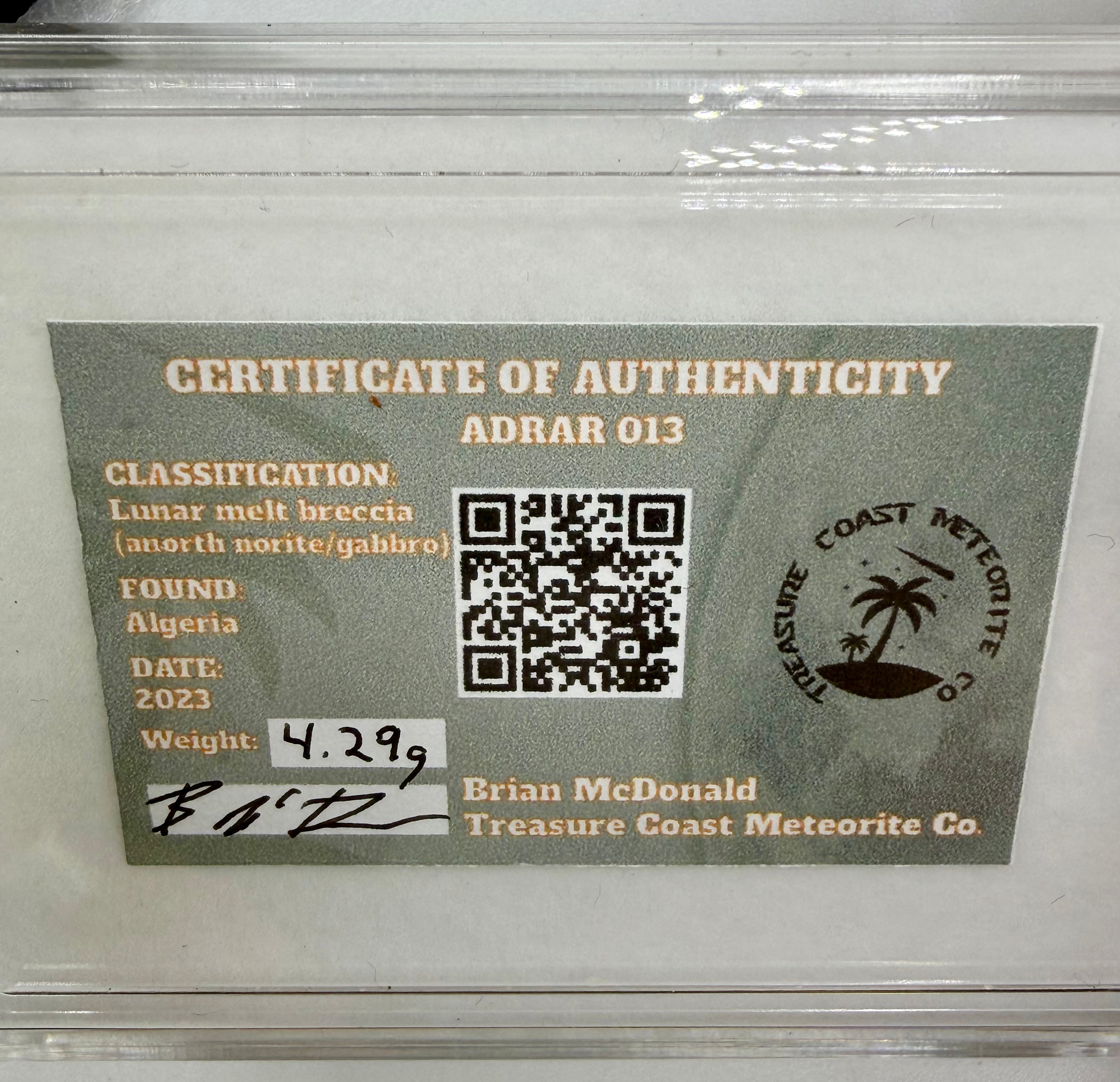 Treasure Coast Meteorite Co. Certificate of Authenticity for Adrar 013 lunar meteorite 4.29g