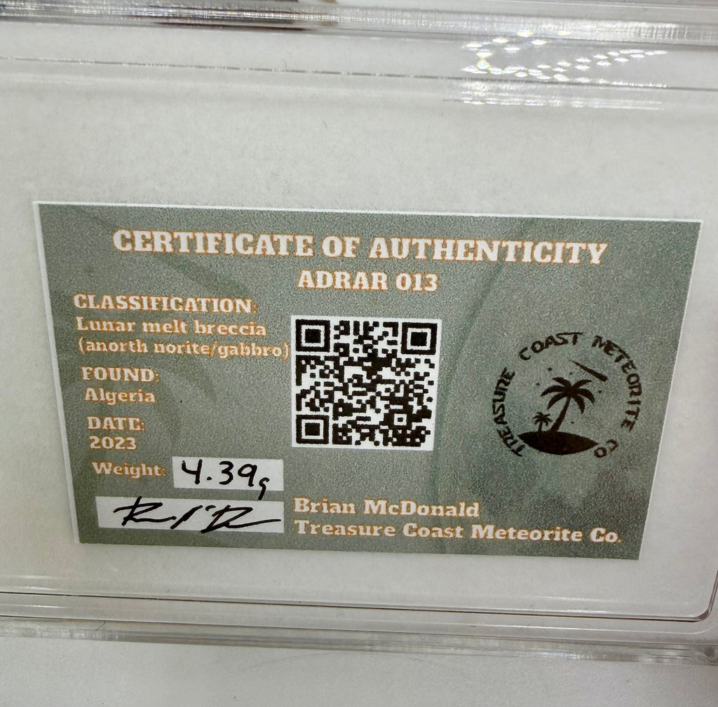 Treasure Coast Meteorite Co. Certificate of Authenticity for Adrar 013 lunar meteorite 4.39g