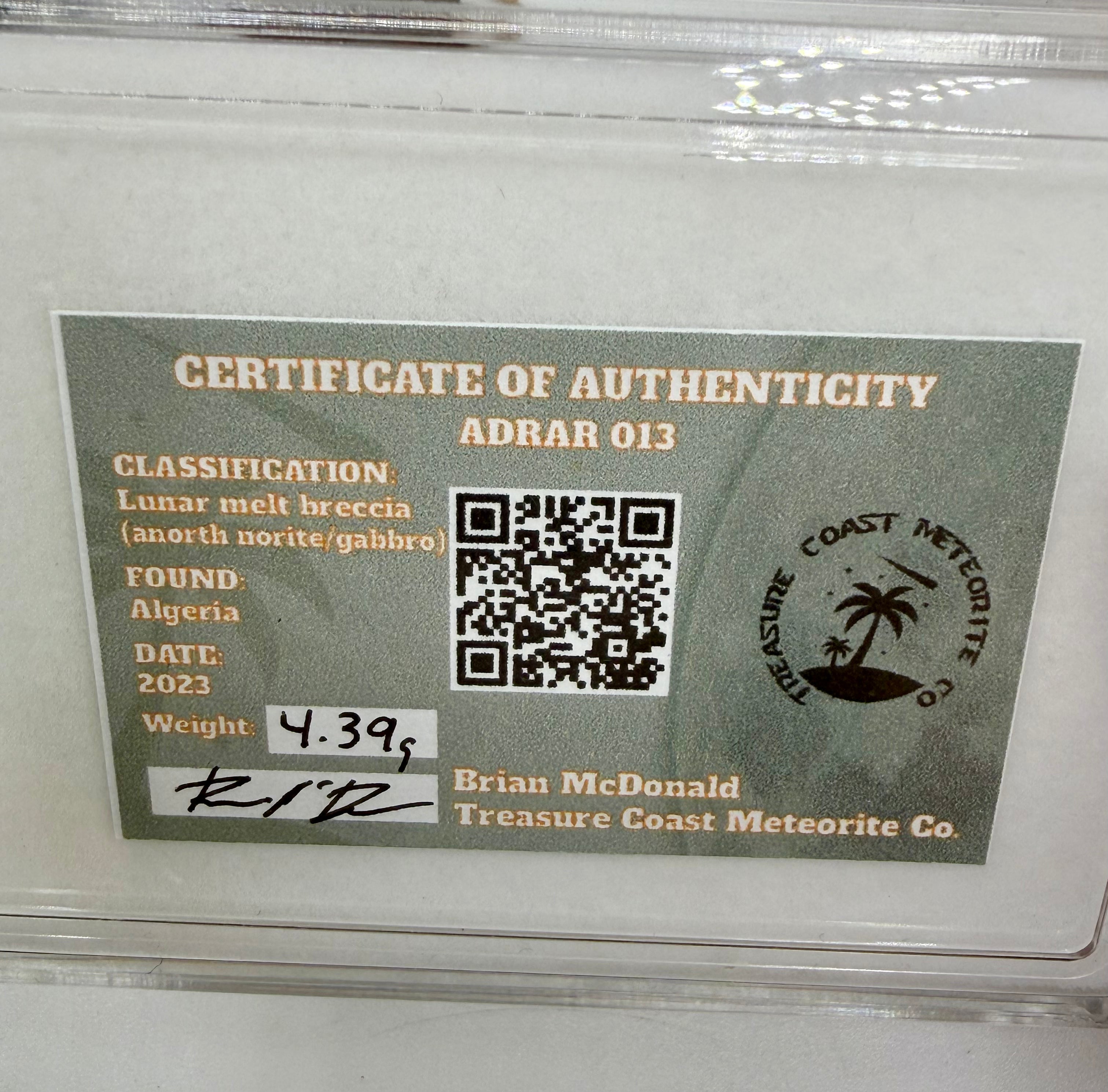 Treasure Coast Meteorite Co. Certificate of Authenticity for Adrar 013 lunar meteorite 4.39g