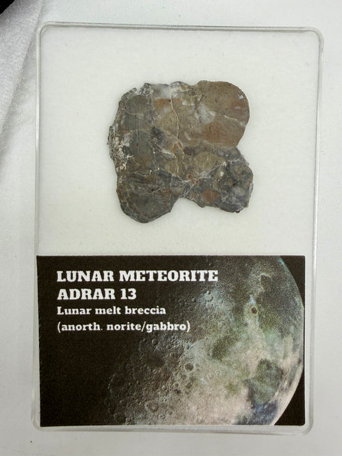 Adrar 013 lunar meteorite slice, 2.67g, with display card showing classification