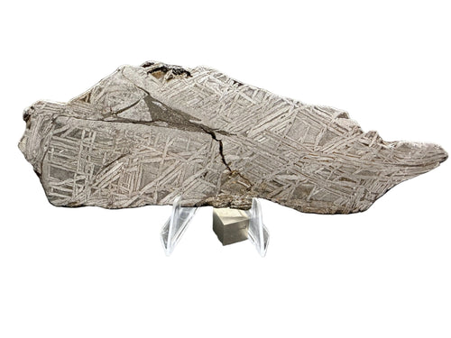 Aletai iron meteorite IIIE-an full slice, 161.49g, elongated etched face showing Widmanstatten pattern, with 1 cm cube for scale