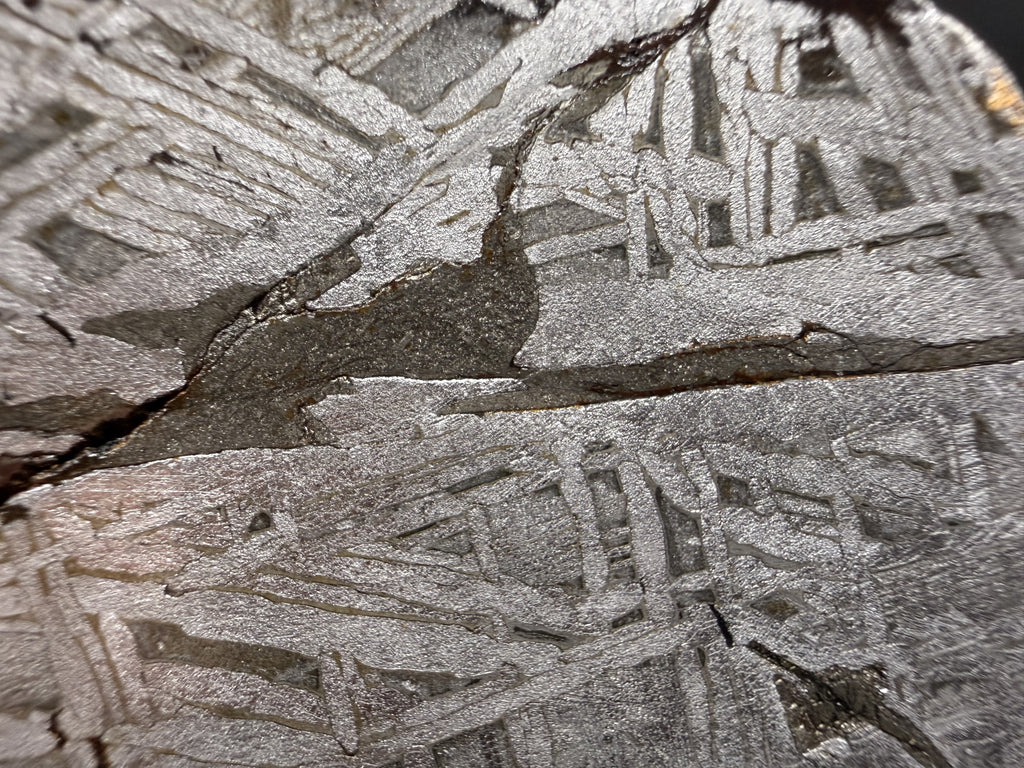 Macro of the Aletai iron meteorite etched face, Widmanstatten pattern crossed by a dark fracture