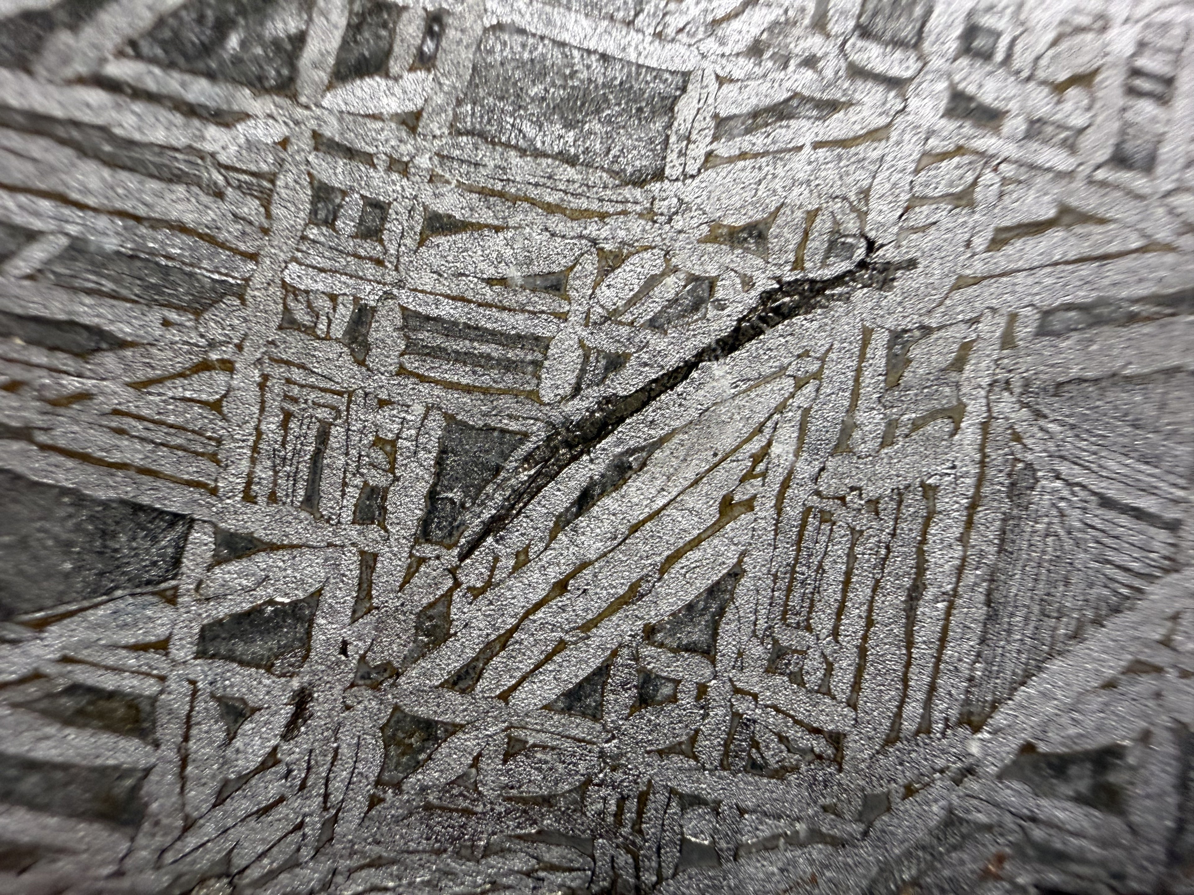 Close view of the interlocking Widmanstatten pattern in the 161.49g Aletai IIIE-an iron meteorite slice