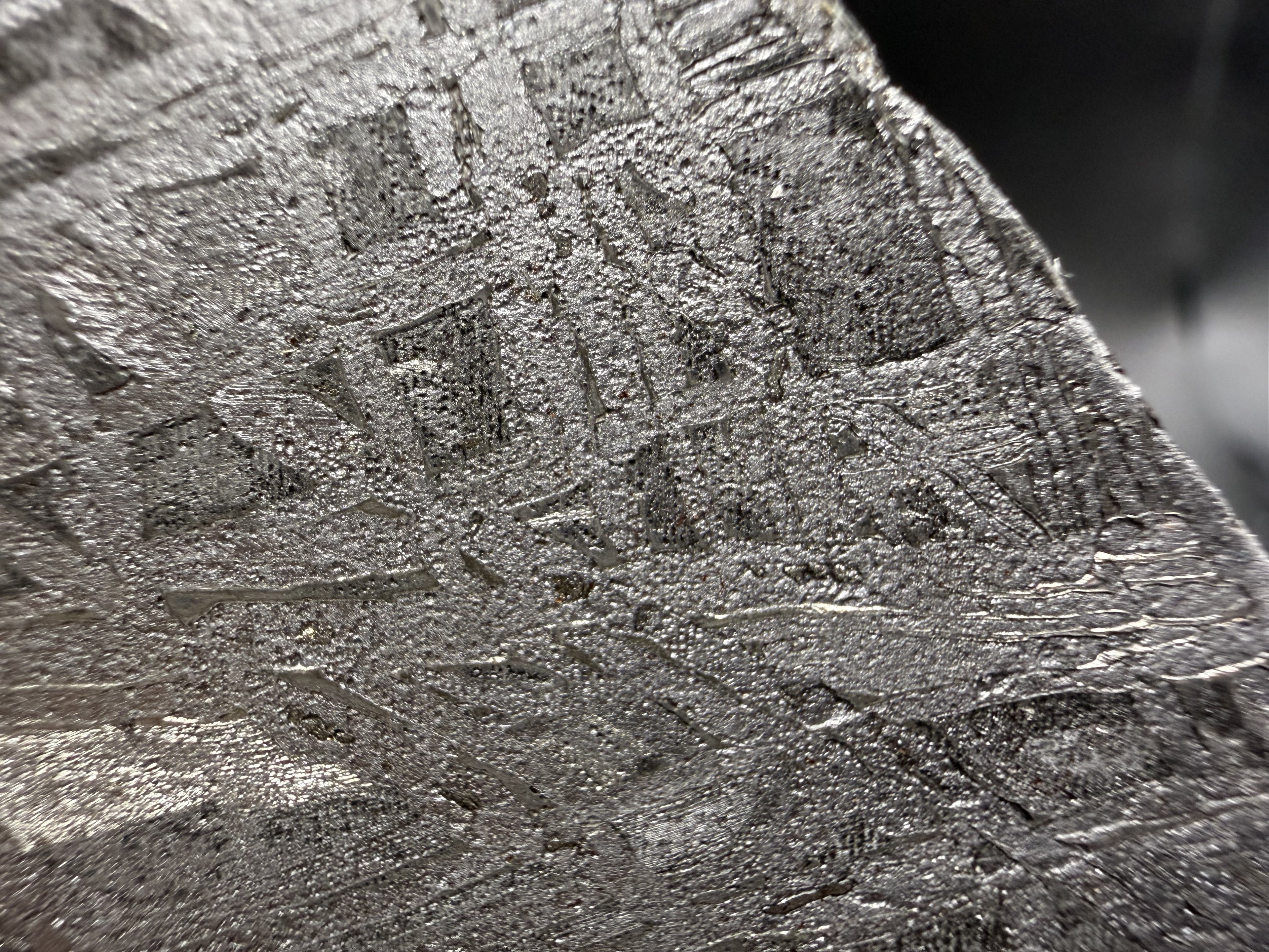 Macro of the Aletai iron meteorite, Widmanstatten pattern with rounded inclusions