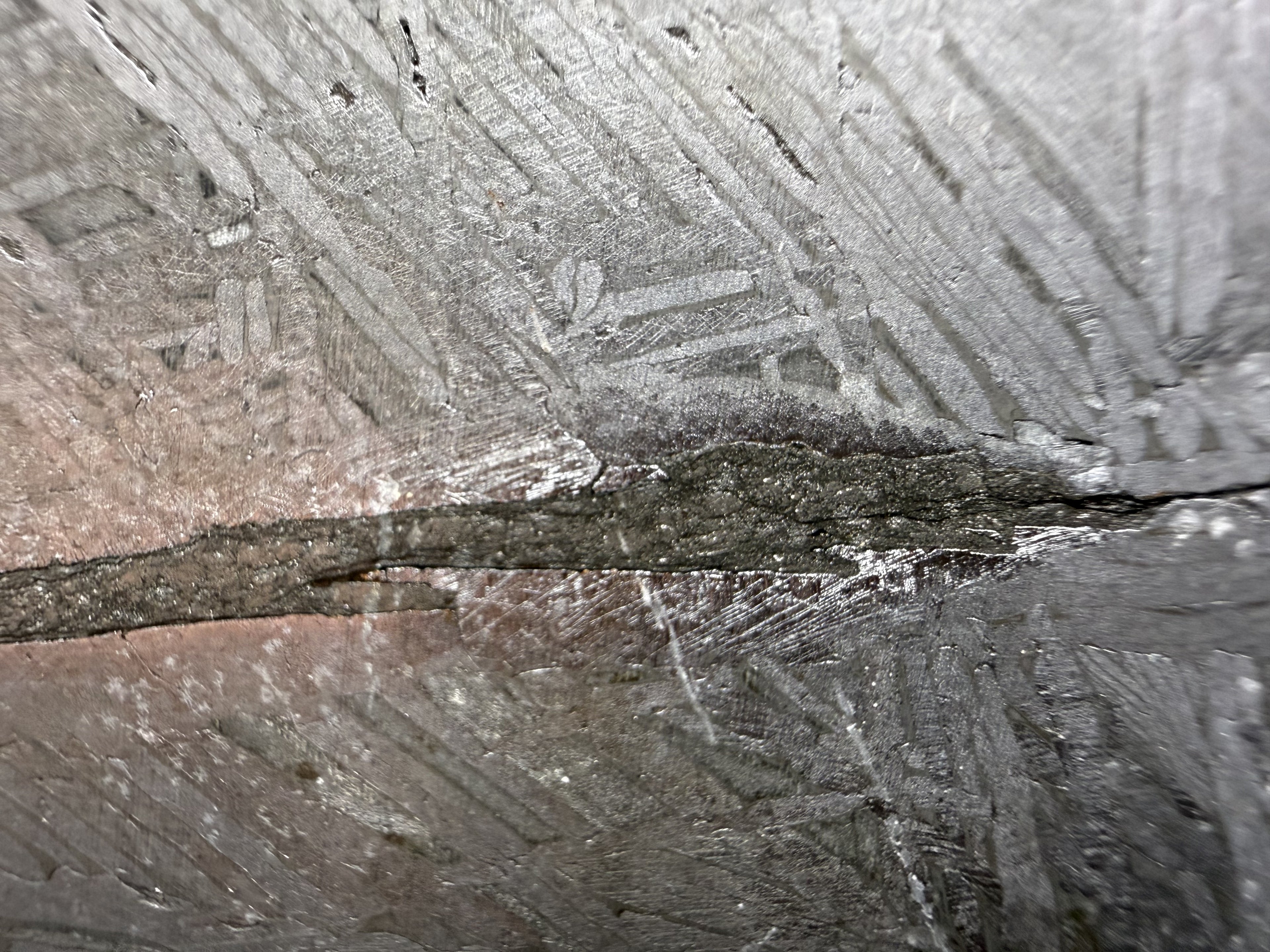 Macro of the Aletai iron meteorite etched face, a dark inclusion seam crossing the Widmanstatten bands