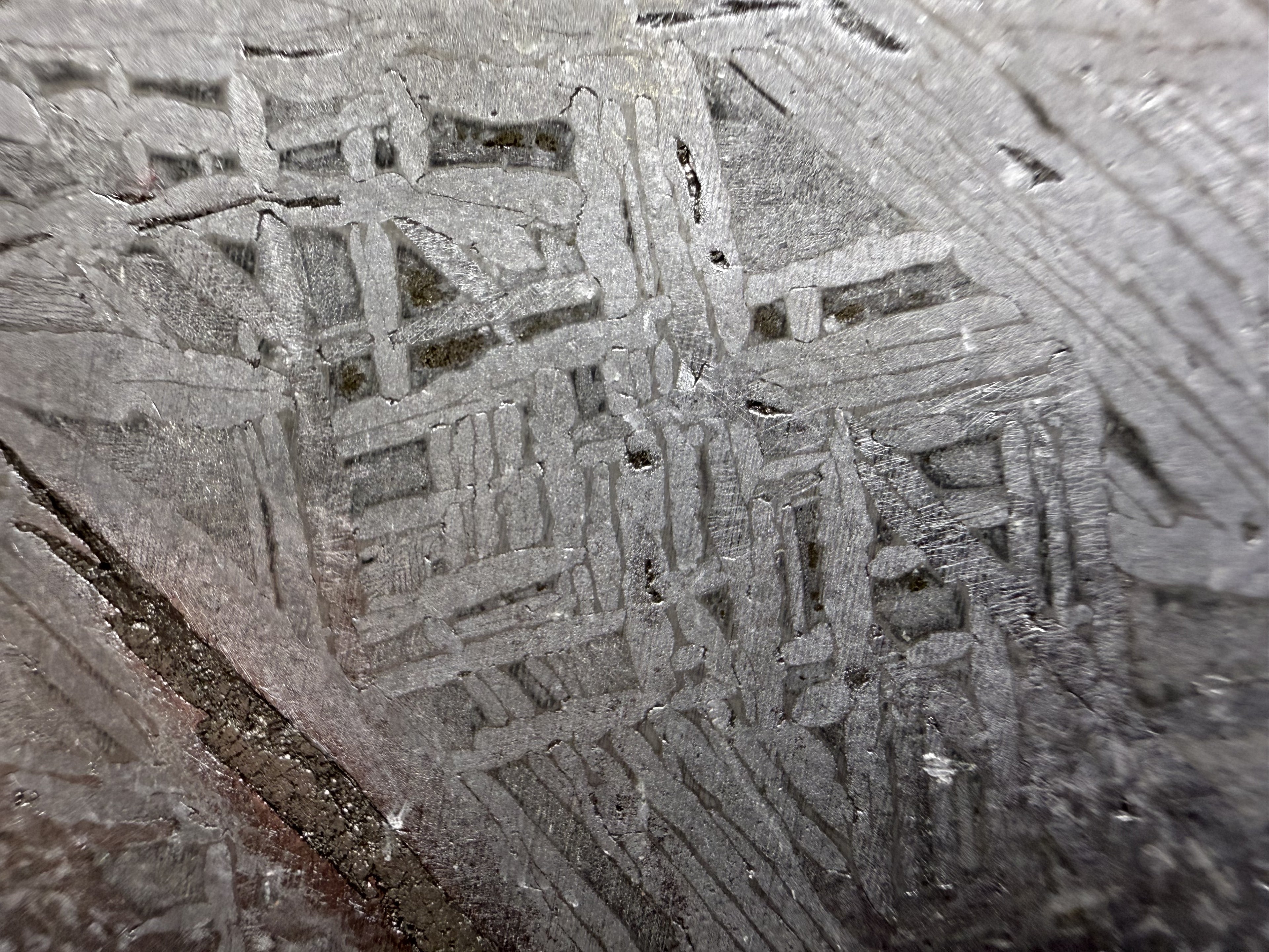 Close view of the interlocking Widmanstatten pattern in the 268.47g Aletai IIIE-an iron meteorite slice