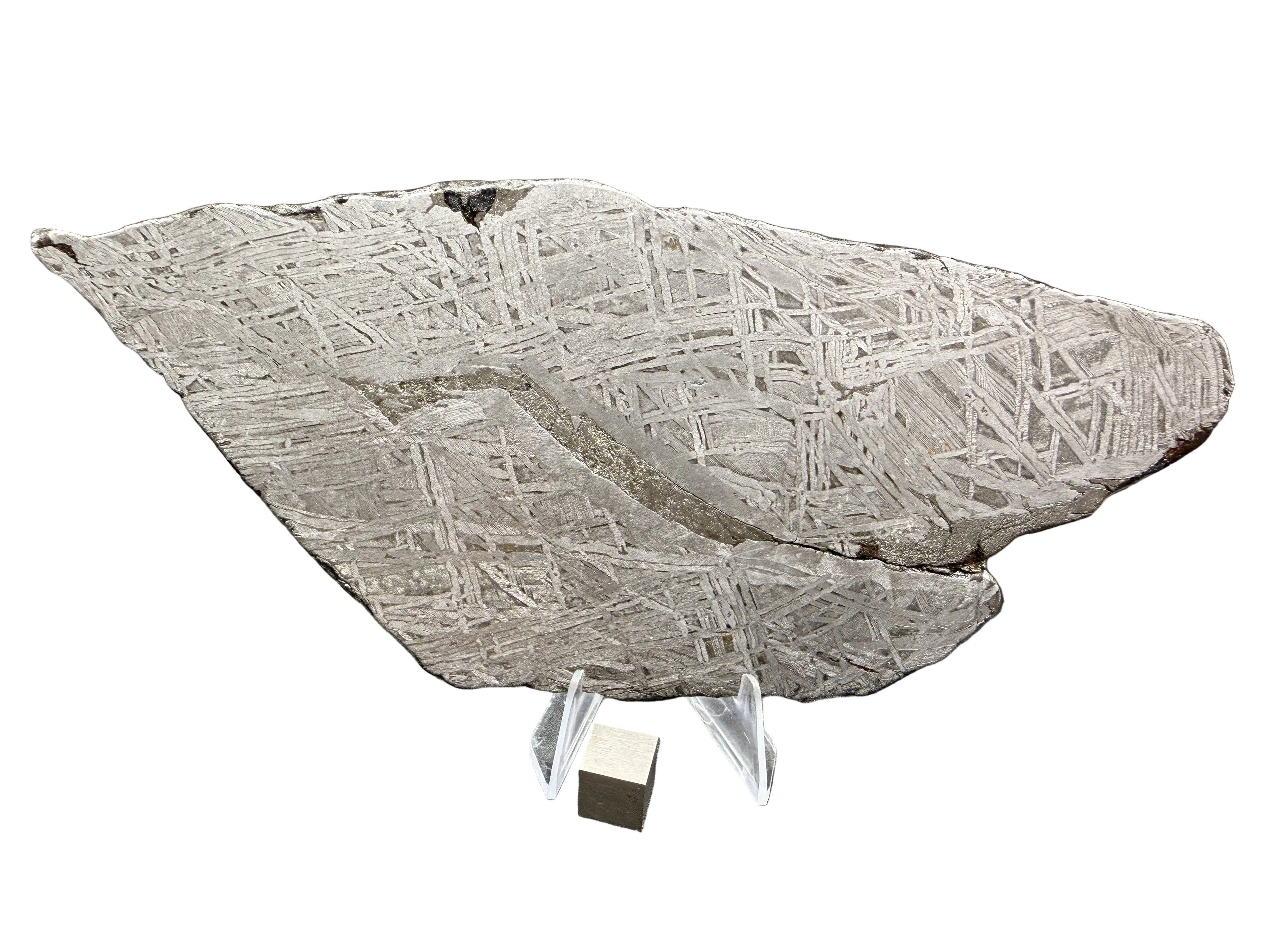 Aletai iron meteorite IIIE-an full slice, 334.12g, etched face showing Widmanstatten pattern, with 1 cm cube for scale 