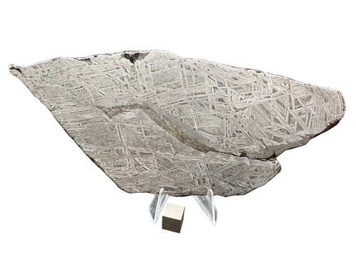 Aletai iron meteorite IIIE-an full slice, 334.12g, etched face showing Widmanstatten pattern, with 1 cm cube for scale 