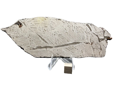 Aletai iron meteorite IIIE-an full slice, 268.47g, elongated etched face showing Widmanstatten pattern, with 1 cm cube for scale