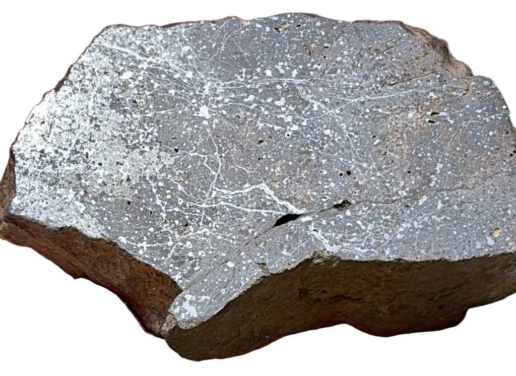 Bir Ounane 001 primitive achondrite end cut, 70.22 g, mirror polished face with bright metal flecks scattered through a gray groundmass
