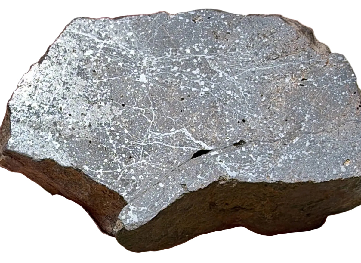 Bir Ounane 001 primitive achondrite end cut, 70.22 g, mirror polished face with bright metal flecks scattered through a gray groundmass