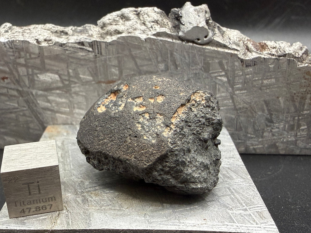 Carbonaceous chondrite meteorite specimen displayed on stand